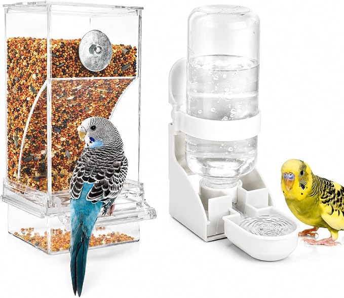 Rypet No-Mess Bird Feeder and Water Dispenser Set for Small Birds | Automatic Bird Feeder, Transparent Acrylic Food Container, Helps Reduce Seed Scatter, for Parakeet Cockatiel Parrot Canary