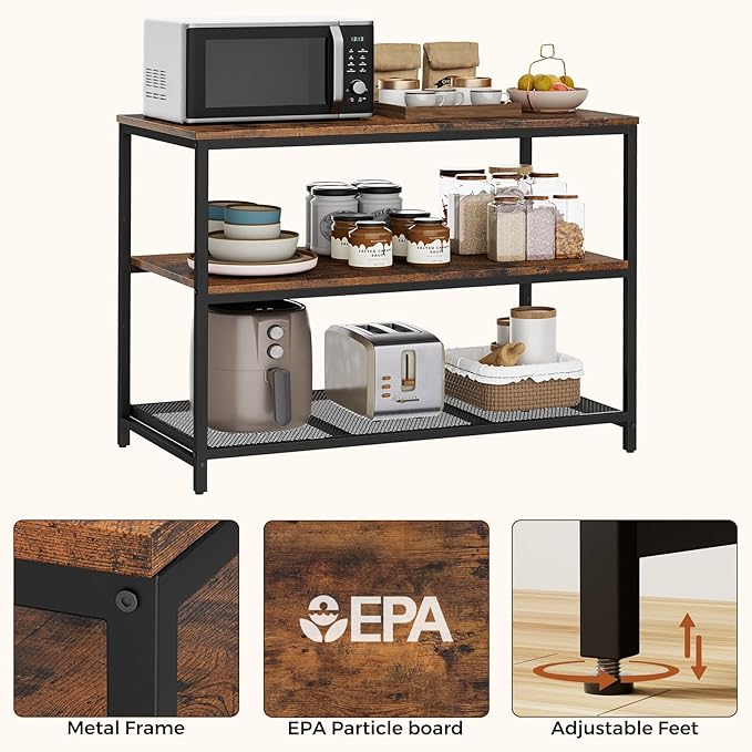 Homleke 39.4" L Kitchen Island with 3 Shelves, Kitchen Shelf with Large Workstation, Bakers Rack, Workbench, Metal Frame, Rustic Brown and Black