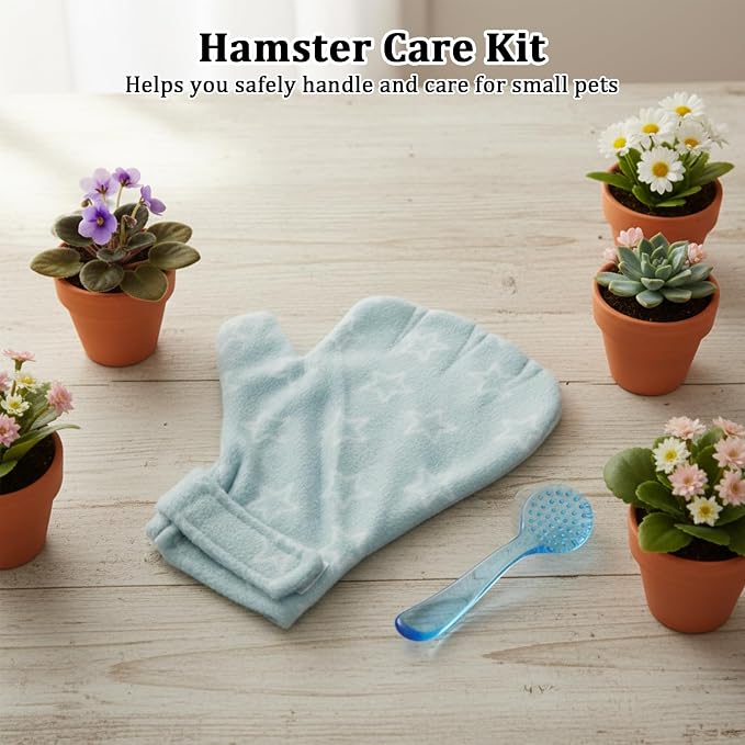 1Pcs Hamster Bite Proof Glove and Grooming Brush Set, Adjustable Hamster Glove, Lid Soft Cleansing Brush Massage Combs, Guinea Pig Brush, Hamster Care Set for Hamsters, Ferrets, Hedgehog (Green Stars)
