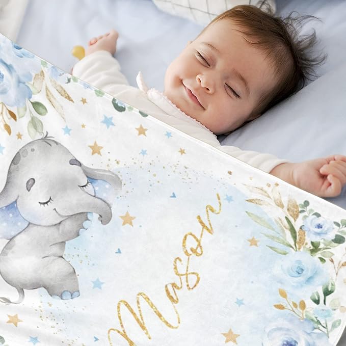 Personalized Elephant Blanket with Name for Boy, Custom Name Blanket for Kids, Soft Flannel Blue Elephant Toddler Blanket Customized Gift for Birthday Christmas Children Day 40x50inch