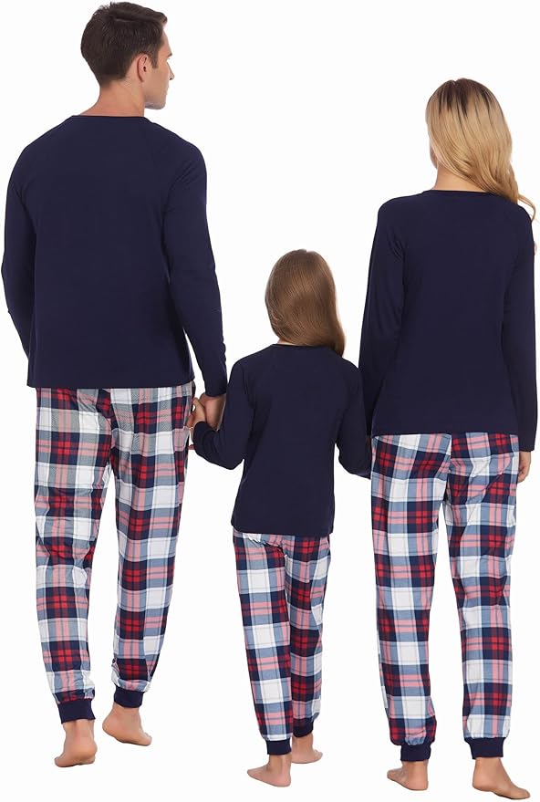 Ekouaer Family Matching Pajamas Christmas Sleepwear Long Sleeve Sleep Shirt with Plaid Pants Soft Loungewear Pjs Set S-XXL