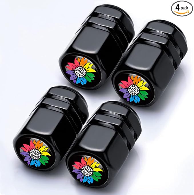 4Pack Colorful Sunflower Tire Valve Caps Aluminum Leak-Proof Valve Covers | Comrade Pride Car Accessories Decoration Tire Air Cap for Cars SUV Bike Motorcycle, Rainbow Gifts for Women Men