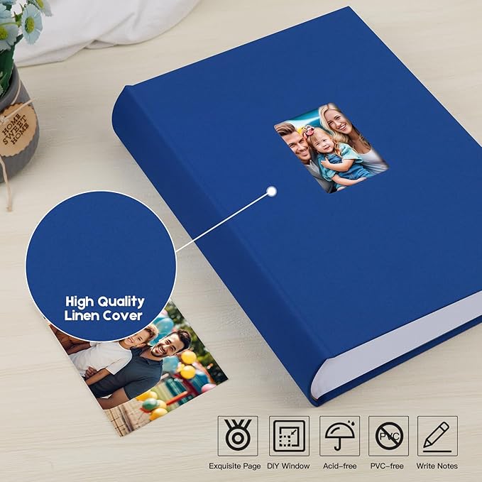 XFveivoo Photo Album 4x6 450 Photos with Writing Space,4 x 6 Photo Book Linen Cover with Front Window, 4x6 Picture Album 450 Photos Photo Album Book for Wedding Kids Travel Family Baby Pictures, Blue