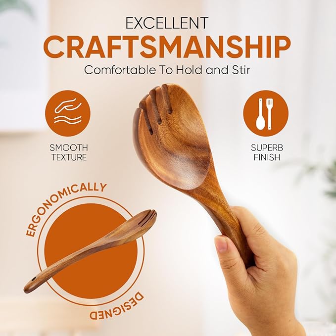 EZuncle 6 Piece Wooden Cooking Spoon Set - Ideal For Non-Stick Pans, Heat Resistant Solid Wood, Smooth Teak Cutlery For a Comfortable grip - Lightweight and Durable - Easy to Clean(6 PCS)