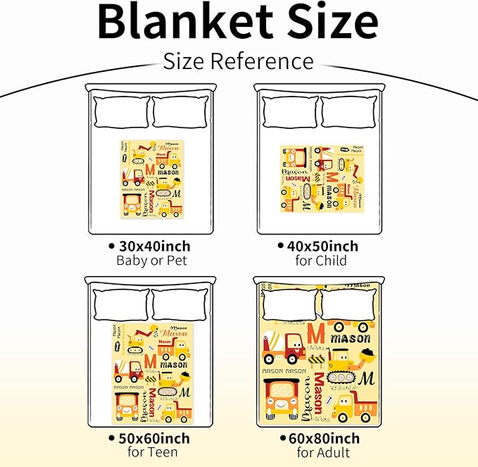 Custom Construction Blanket with Name for Boys Girls Kids, Personalized Name Blanket Construction Vehicles, Soft Flannel Blankets Customized Gift for Children Day Birthday Christmas-40 x50