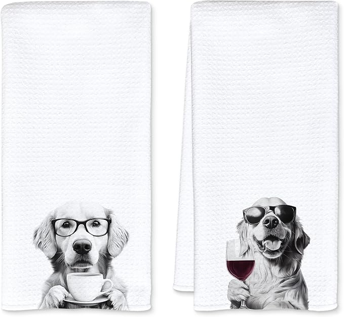 Funny Golden Retriever Kitchen Towels Set of 2, Funny Kitchen Decor, Coffee Station Wine Bar Decor, Golden Retriever Owner Gift Hand Towel, Dining Room Decorative Towel Dish Towels 16x24 Inch