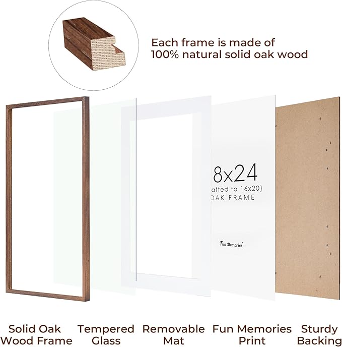 Fun Memories 18x24 Poster Frame, Solid Oak Wood 18 by 24 Picture Frame Set of 2, 18x24 Wood Frames with Tempered Glass, 18 x 24 Frame with Mat for 16 x 20, Large Wooden Art Frame, Walnut Color