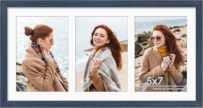 8x16 Collage Picture Frame 5x7 Collage Picture Frame Displays Three 5x7 inch Photos or 8x16 (Without Mat) for Available Horizontal Wall Mounting Display and Vertical Navy Blue