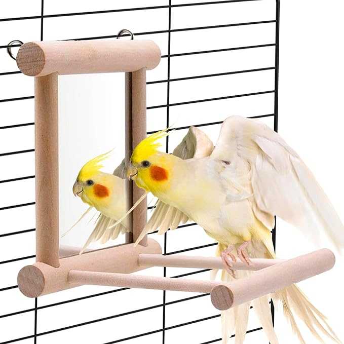 Bird Mirror Parakeet Mirror Perch Stand Wooden Swing Mirror Toy Cage Accessories for Cockatiel Parakeet Budgie Lovebird Small Parrots