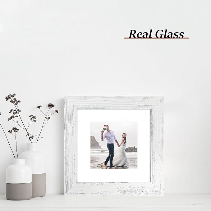 iRahmen 6x6 Picture Frame Set of 4 with High Definition Glass, Distressed White Frames Display 4x4 Picture with Mat or 6 x 6 Without Mat, Wood Square Photo Frame for Wall Mount and Tabletop Display