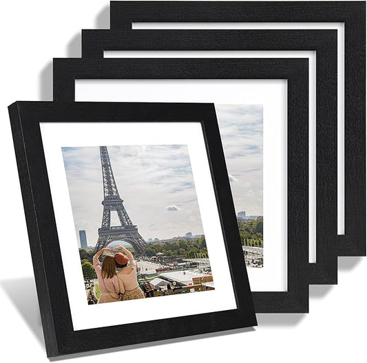 10x10 Picture Frame Set of 4, Made of Glass and Rustic Black Wooden Frame - Display Picture 8x8 with Mat or 10 x 10 Without Mat, 10 by 10 Photo for Wall or Tabletop