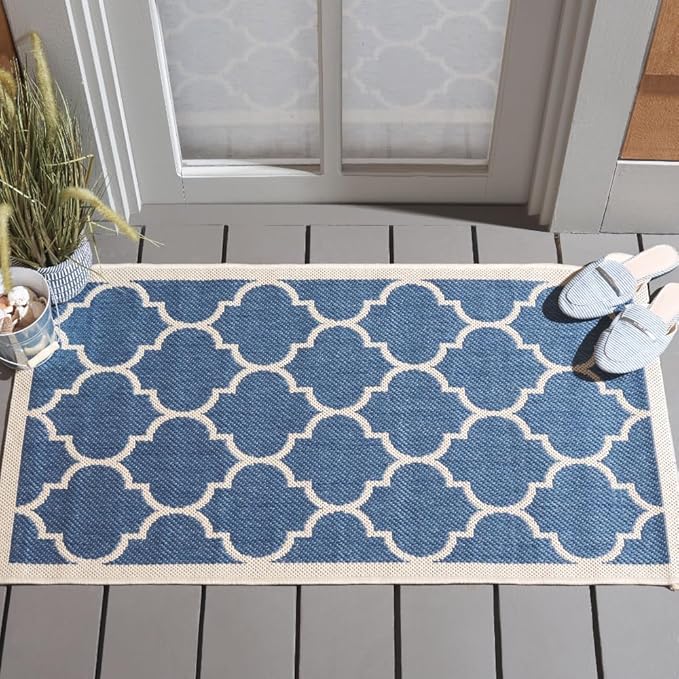 SAFAVIEH Washable Rug Outdoor Courtyard Collection - 2' x 3'7", Blue & Beige, Non-Shedding & Easy Cleaning, Ideal for Patio, Front Door, Entryway, Doormat (CY6914-243)