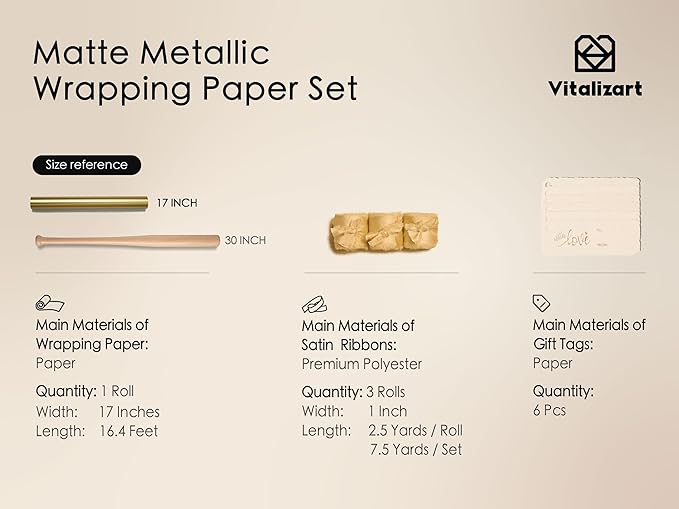 Vitalizart Gold Matte Metallic Wrapping Paper Set 17" With Silk Satin Ribbon & Gift Tags Christmas Gift Wrapping Birthday Baby Shower Wedding Bouquets Handmade Crafts 197"(16.4 Ft) Gold Ribbon
