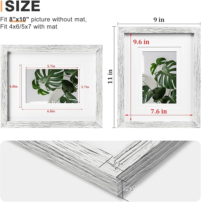 Egofine 5x7 Picture Frames Set of 4, Made of Solid Wood Covered by Plexiglass 3.5x5 and 4x6 with Mat or 5x7 without Mat, for Table Top Display and Wall Mounting Photo Frame Driftwood White