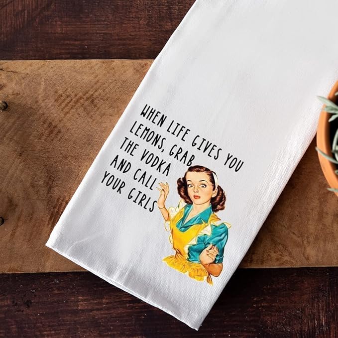 Andaz Press Funny Retro Kitchen Towel, Flour Sack Tea Towel, When Life Gives You Lemons, Grab The Vodka and Call Your Girls Funny Birthday for Daughter Sister Friend Women, Gag Gift