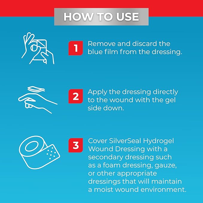 SilverSeal Hydrogel Burn & Wound Dressing Kit with X-Static Silver - FDA Cleared Care for Burns, Cuts & Wounds – Soothing Moisture, Relief & Protection - 4 (2”x3”) Hydrogels + 4 (3”x5”) Adhesive Pads