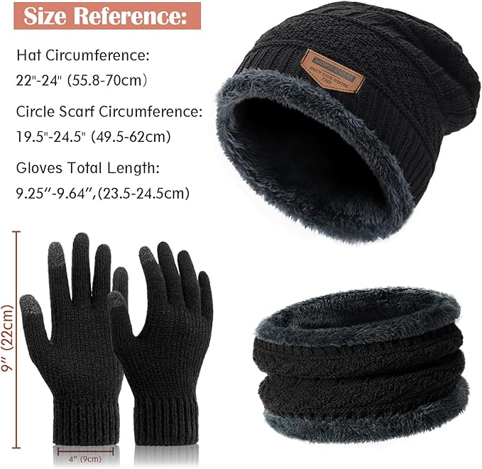 Winter Beanie Hat Circle Scarf Touchscreen Gloves Set, Snow Knit Skull Cap, Warm Thick Fleece Lined Neck Warmer for Men Women