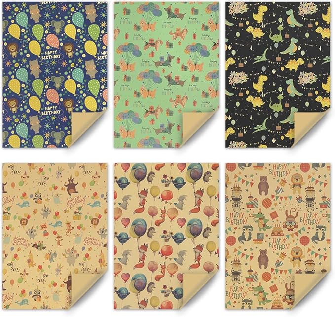 Geluode Birthday Wrapping Paper for Boys Kids Girls, Happy Animals Party Dinosaur Design Kraft Gift Wrap Paper, Happy Birthday Wrapping Paper 6 Sheets Folded Flat 20x28 inches per Sheet