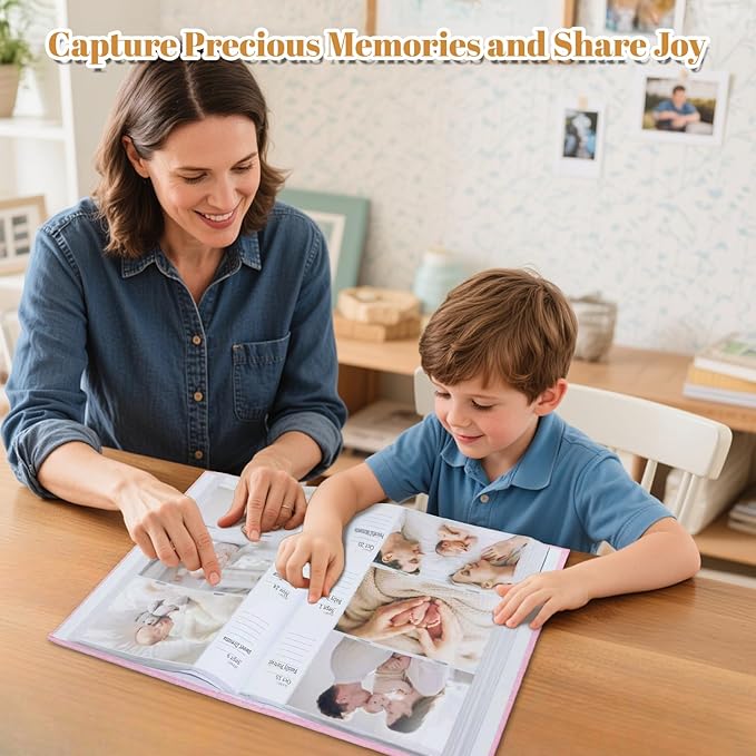 Baby Photo Album 4x6 300 Pockets with Memo Area & Hand and Footprint Kit, Linen Cover Slip-in Memory Book with Front Window, Acid-Free Keepsake for Newborn Boy Girl, First Year Moments