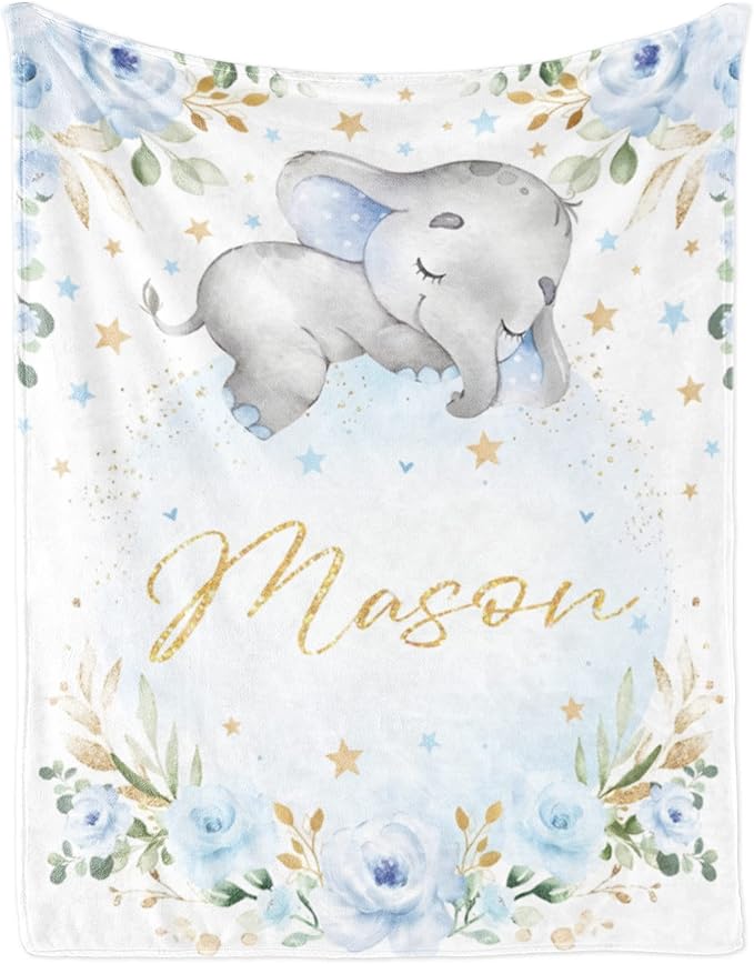 Elephant Baby BlanketPersonalized BlanketWith NameforBoyCustom Name BlanketforNewborn BoySoft Flannel Toddler Blanket Customized GiftforBirthday Christmas Baby Shower 60inX80in 4-elephant Blue