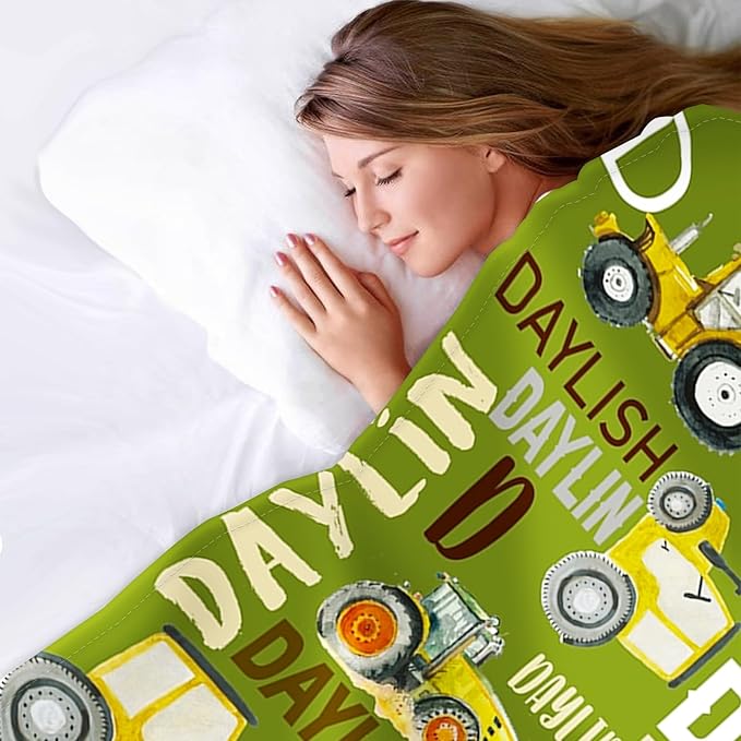Personalized Tractors Blanket - Custom Name with Farm Tractor Trucks Design - Soft Plush Flannel Bed Blanket for Baby Kid Teen Boys Girls Customized Gifts Olive Green & Yellow
