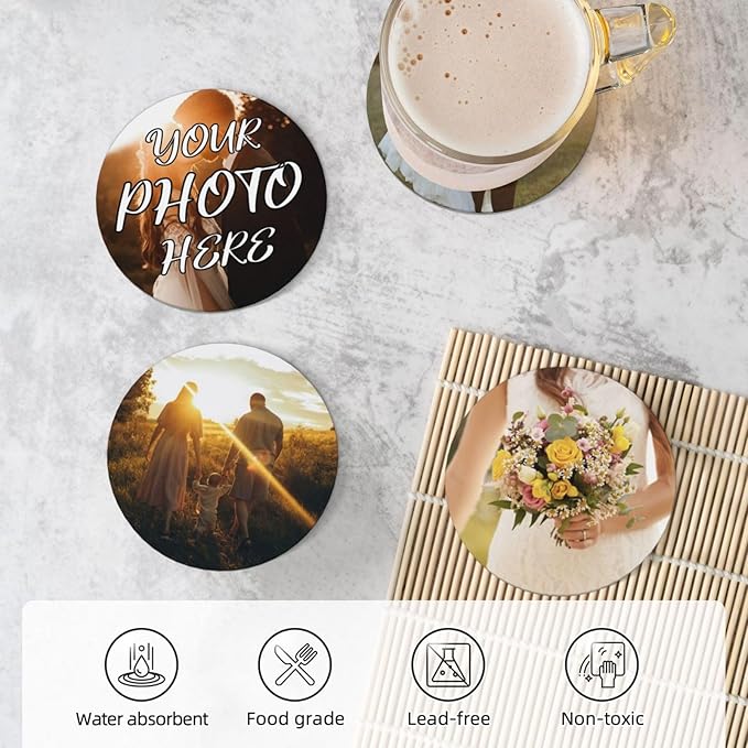 Custom Coasters, Personalized Ceramic Coasters with Photo Logo Text, Customized Cup Mat for Weddings, Bars, Coffee Table, Homes, Offices 4PCS