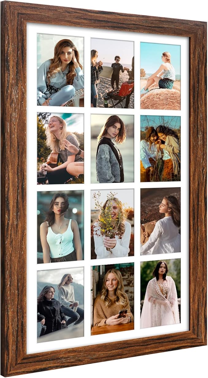 13x25 Picture Frame Display 12 opening 4X6 Picture Frame Collage,Multi Photo Frame with Mat,Plexiglass,Wall Mount Decor,Carbonized Brown Wood Grain