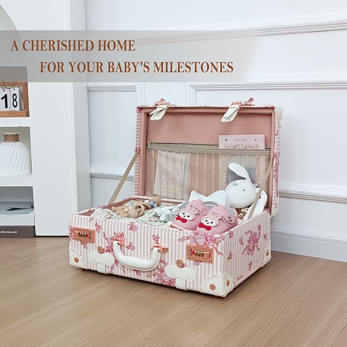 Unitravel Baby Keepsake Case, Handmade Memory Storage Box, Newborn Keepsake Box, Vintage Suitcase for Baby Shower, Baptism, Naming Ceremony or Birthday