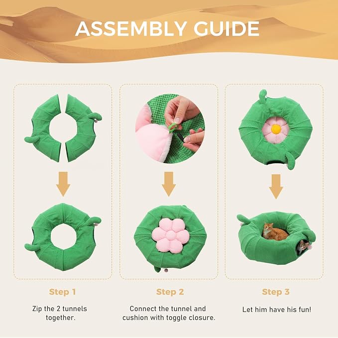 PEQULTI Flower Donut Cat Tunnel Bed Washable Plush Mat Multi for Small Pets | Round play tube with soft detachable plush mat, multi-pet toy fit indoor cats, kittens, puppies, rabbits and ferrets