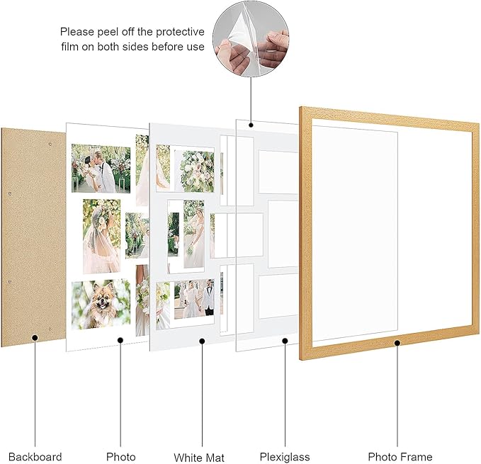 17x17 Collage frame with 9 Openings 4X6 Pictures, Multiple Picture Frame with Mat, Wall or Tabletop Decor, Natural Wood Grain,2 Pack