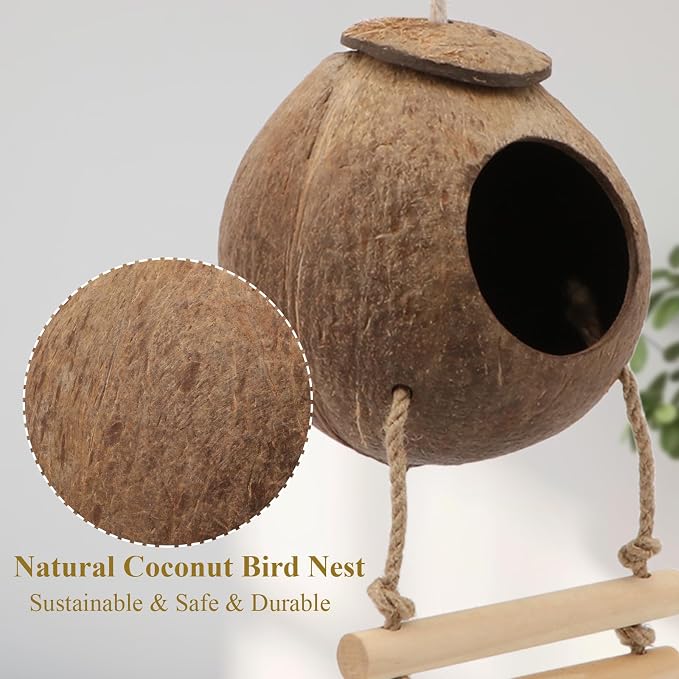 Hypeety Pet Bird Breeding Nest Natural Coconut Bird Hideout Hut for Cage | Natural coconut shell, for sleeping/breeding, easy to hang, for parakeets/cockatiels/finches/hamster, with wooden ladder/hook