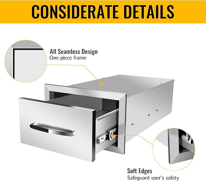 Outdoor Kitchen Drawers Stainless Steel 14W X 8.5H X 23D Inch, Flush Mount Single BBQ Island Drawers with Handle for Outdoor Kitchens, Patio or Grill Station