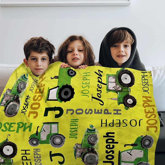 Personalized Tractors Blanket - Custom Name with Farm Tractor Trucks Design - Soft Plush Flannel Bed Blanket for Baby Kid Teen Boys Girls Customized Gifts Yellow