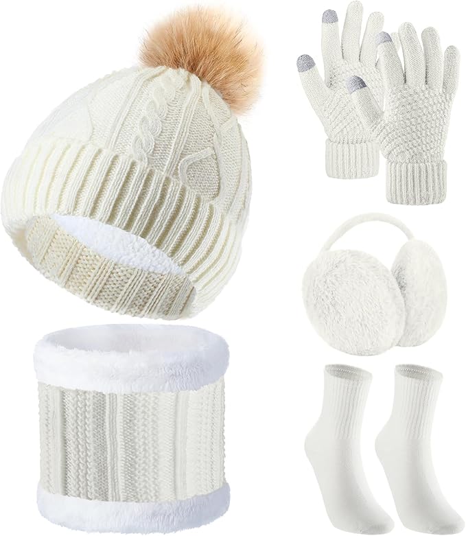 SATINIOR 5 Pcs Winter Hat Scarf Gloves Set Fleece Warm Lined Knit Beanie Hat Touch Screen Earmuff Gloves Warmer for Women(White,Rhombus Pattern)