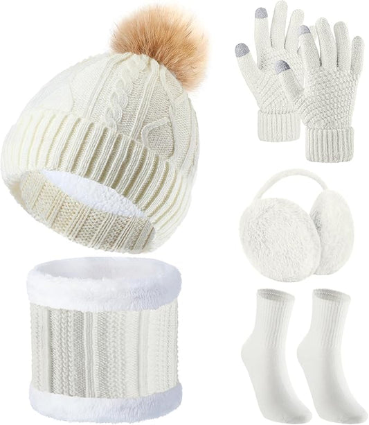 SATINIOR 5 Pcs Winter Hat Scarf Gloves Set Fleece Warm Lined Knit Beanie Hat Touch Screen Earmuff Gloves Warmer for Women(White,Rhombus Pattern)