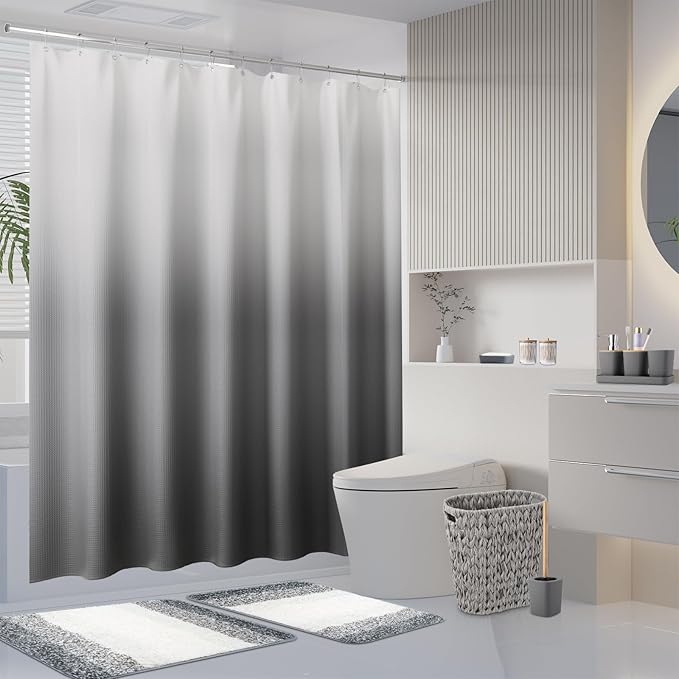 Grey Bathroom Accessories Set with Wicker Trash Can Shower Curtain and Rugs,Bathroom Sets Small Waste Basket Bathroom Trash Can for Bedroom Bathroom