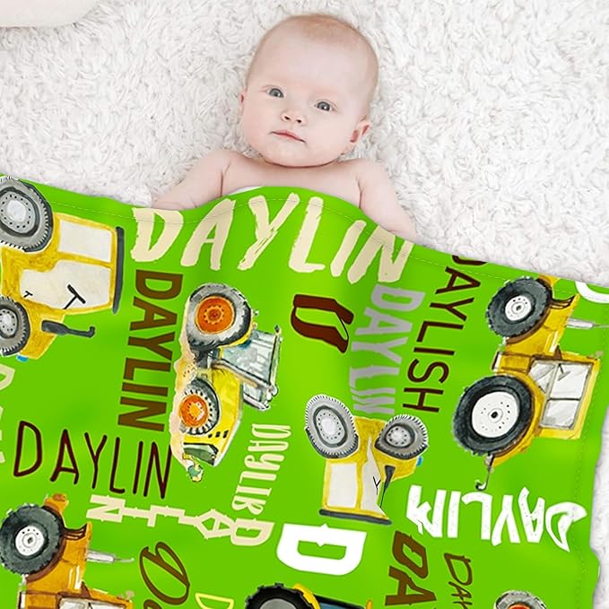 Personalized Tractors Blanket - Custom Name with Farm Tractor Trucks Design - Soft Plush Flannel Bed Blanket for Baby Kid Teen Boys Girls Customized Gifts Bright Green