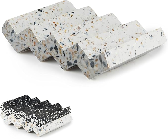 Zig Zag Terrazzo Stone Soap Dish for Bathroom Sink - Concrete Soap Saver for Bar Soap Holder for Shower - Sponge Holder - Self Draining Soap Dish Holder - Kitchen Soap Tray (White)