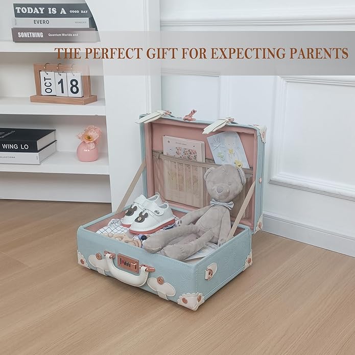 Unitravel Baby Keepsake Case, Handmade Memory Storage Box, Newborn Keepsake Box, Vintage Suitcase for Baby Shower, Baptism, Naming Ceremony or Birthday