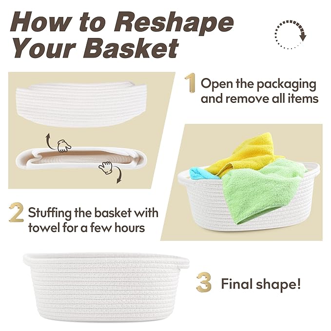 Pro Goleem Small Woven Basket with Gift Bags and Ribbons Durable Baskets for Christmas Gifts Empty Small Rope Basket for Storage 12"X 8" X 5" Baby Toy Baskets with Handles, White