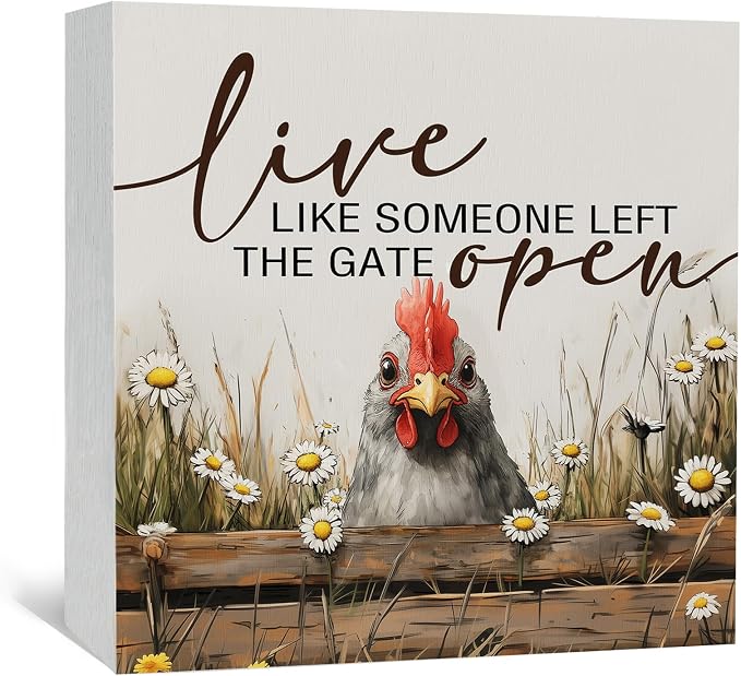 Chicken Rooster Decor Signs,Cottagecore Chicken Wooden Signs,Rustic Farmhouse Live Like Someone Left The Gate Open Wood Sign,Farm Animal Rooster Decor For Kitchen Office Badroom
