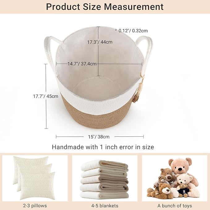 Mkono Woven Storage Basket Decorative Rope Basket Wooden Bead Decoration for Blankets,Toys,Clothes,Shoes,Plant Organizer Bin with Handles Living Room Home Decor, 15"W x 17.7”L, Cream White and Brown