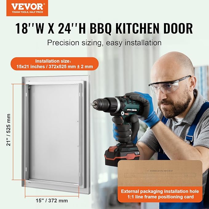 VEVOR BBQ Access Door, 18W x 24H Inch Single Outdoor Kitchen, Stainless Steel Flush Mount, Wall Vertical With Handle, for BBQ Island, Grilling Station, Outside Cabinet
