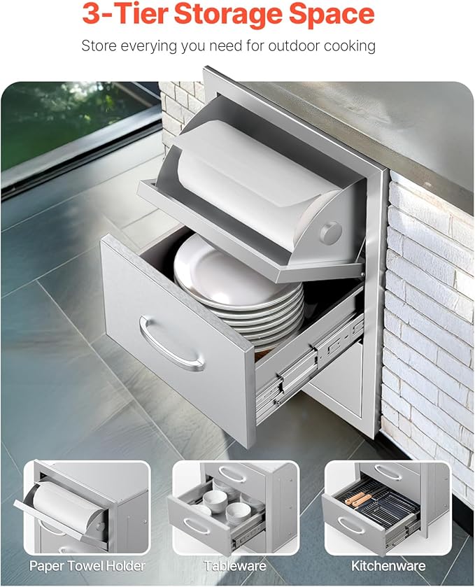 VEVOR Outdoor Kitchen Drawers, 16.5" W x 29" H x 20.5" D Triple Access Drawers, Stainless Steel Flush Mount Cabinets, BBQ Island Storage with Paper Towel Holder & Handle, for Patio Grill Station