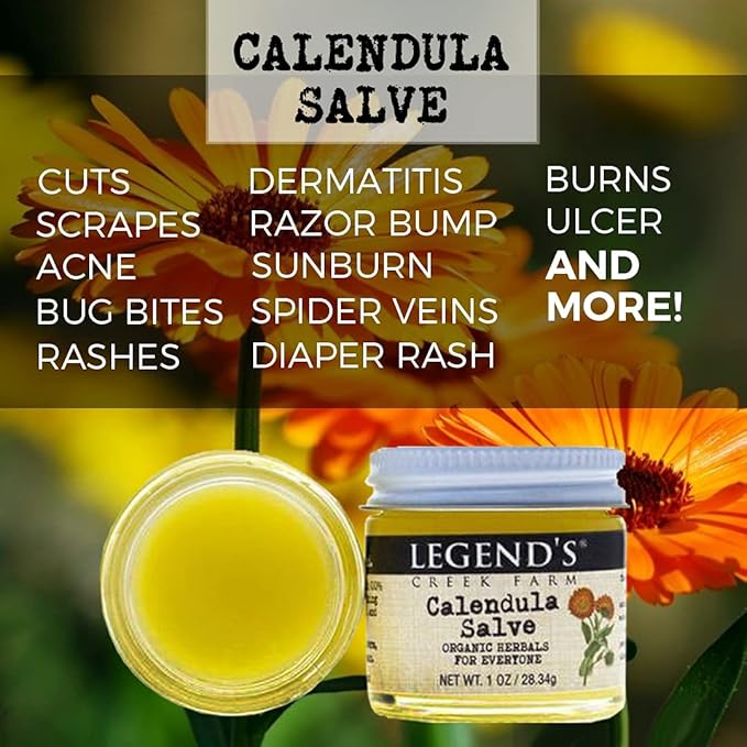 Legend's Creek Farm Herbal Salve - Healing Ointment with Calendula Flowers & Grapeseed Oil - Natural Balm for Dry Skin, Scrapes, & Stings - 1oz. Healing Balm Handmade in USA (Calendula S.)