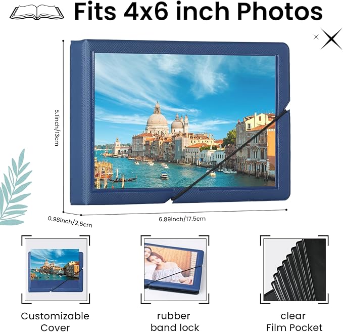 Lifting Small Photo Album 4x6 Holds 40 Photos with Customizable Cover，Mini Leather Picture Album Book for Wedding，Family，Baby Memories (Blue)