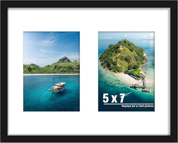 11x14 Picture Frame, 5x7 Collage Picture Frame, Displays Two 5x7 inch Photos, or 11x14 (Without Mat) Available for Wall Mount or Table Top Horizontal and Vertical Display, Black.