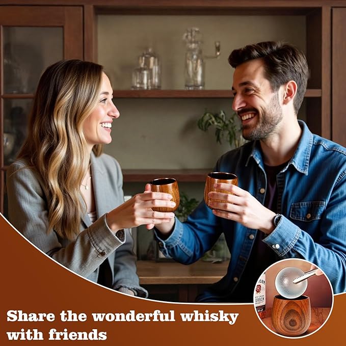 Bourbon Gifts for Men Handcrafted Charred Wooden Whiskey Glass, Wood Whiskey Glass - 10 oz old Fashioned Glass Cups for Bourbon, Perfect Christmas Gifts for Men, Dad, Husband, Brother (2 Pack）