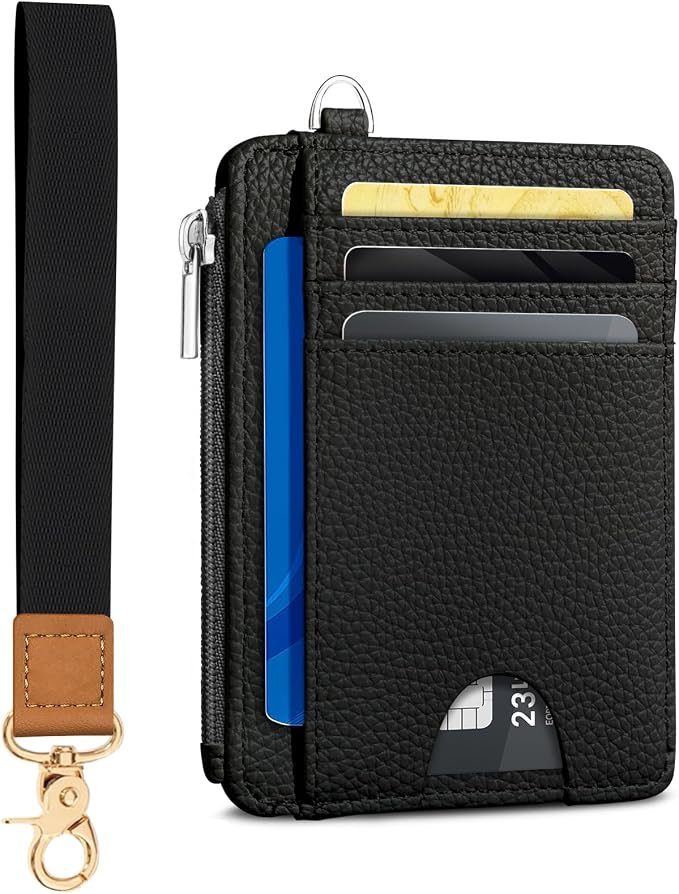 Kelvoris Credit Card Holder Small Wallet Women, Slim RFID, Pure Black | Keychain, Zipper Coin Pocket, Front Pocket Thin Travel Card Case, Minimalist, 6 Card Slots, 1 ID Window, Ladies Gifts Woman