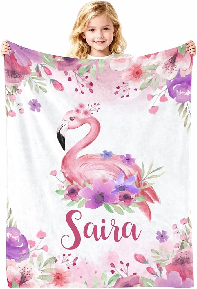 Personalized Baby Blanket with Name, Customized Soft Animals Flannel Blankets for Newborn Boys Girls and Toddlers, for New Mom, Infant Birthday Gift, Flamingo